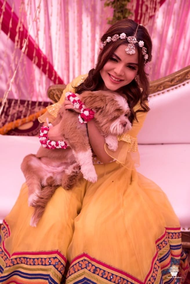 Bride And Their Dog Pet Posing